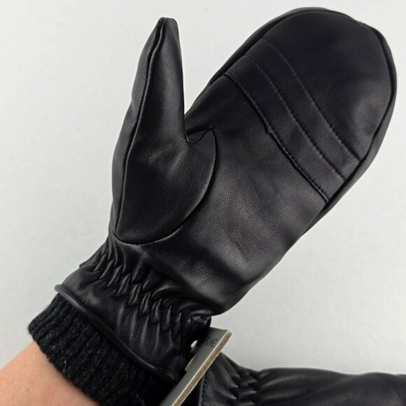 BRUME Bromont Women's Black Leather Mittens Faux Plush Lined Knit Cuffs Size S - Picture 6 of 10